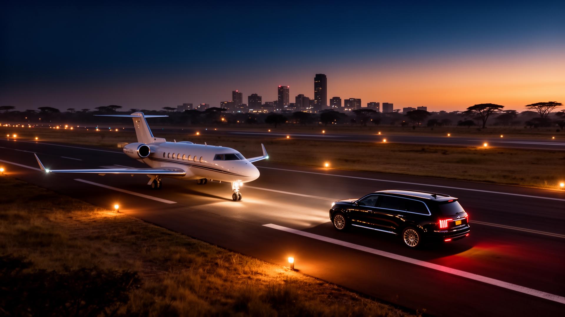 Private jet on a runway at dusk with executive transfer vehicle waiting, Nairobi skyline silhouette
