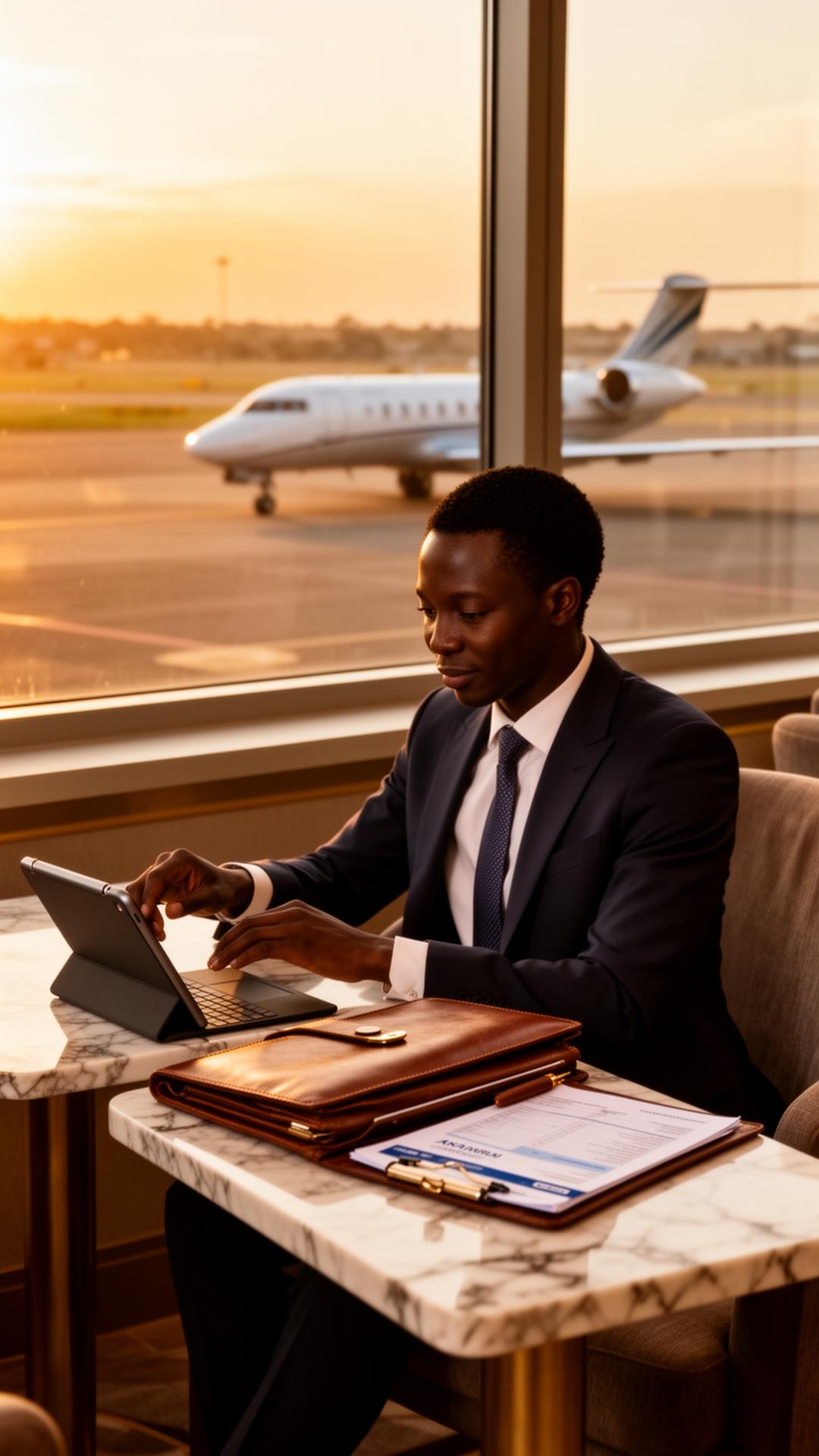 Tulla Travel manager coordinating an executive itinerary at a Nairobi airport lounge at golden hour