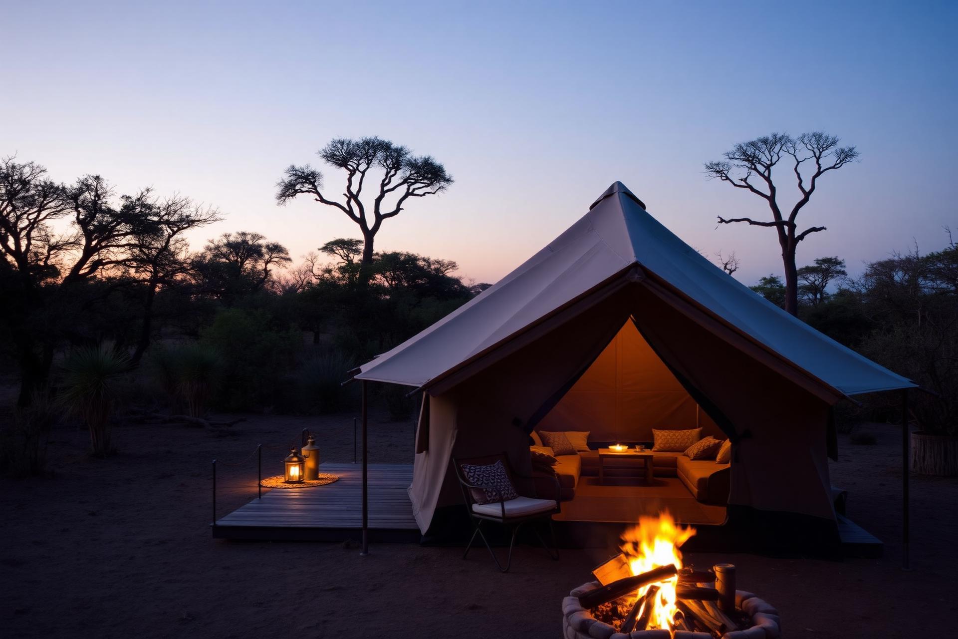 Luxury safari camp at dusk in the African bush