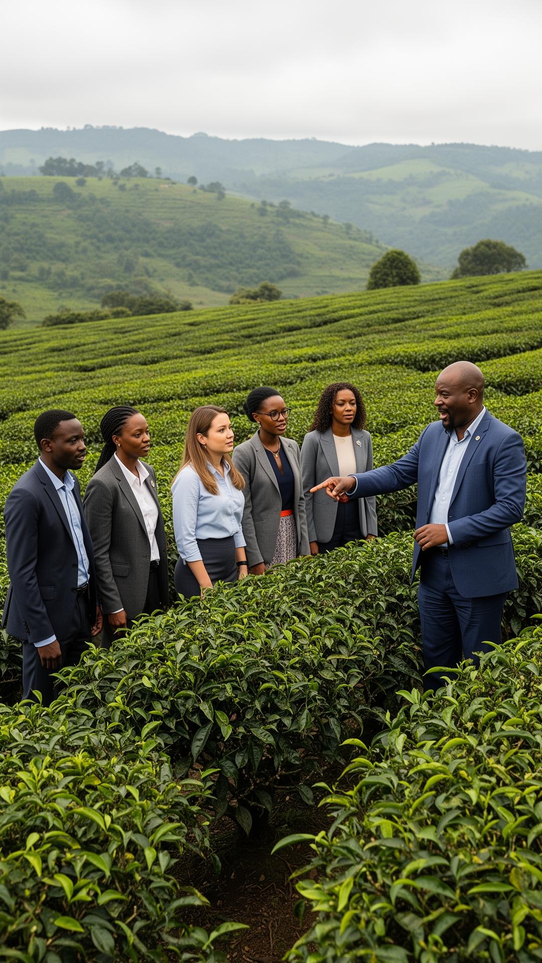 Trade mission delegation visiting an East African tea plantation